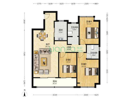 港龙天利棠玥府 3室1厅2卫 114平方