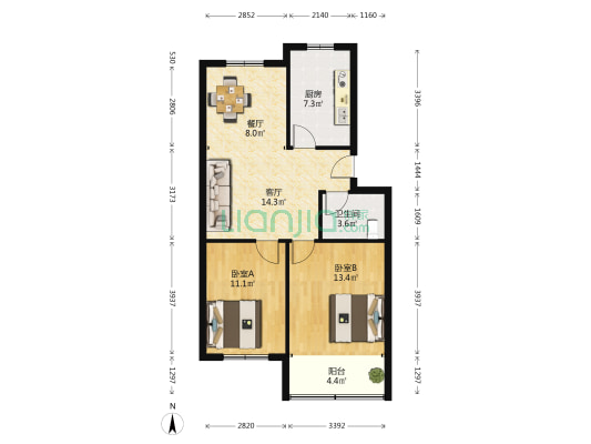 蔡家村商住楼（大润发） 2室2厅1卫 86平方