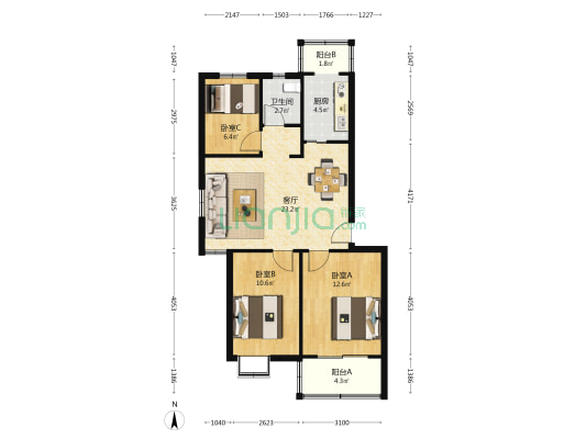 天晴花园 3室1厅1卫 86平方