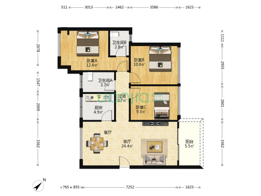 松茂御龙湾雅苑一期 3室1厅2卫 89平方