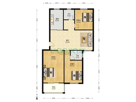 新墩花园东区 3室1厅2卫 125平方
