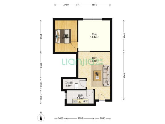 金领公寓 1室1厅1卫 83平方