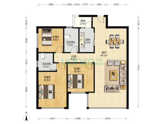 北辰国颂府 3室1厅2卫 99平方