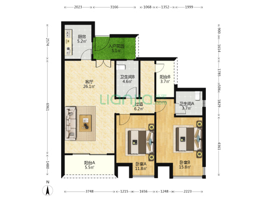 西海岸凯悦 2室1厅2卫 105平方