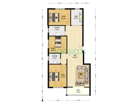 物探嘉园南北通透户型，采光好，小区物业管理好-户型图