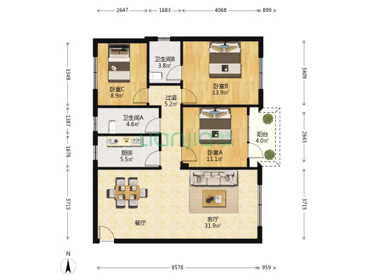 华海苑 3室1厅2卫 109平方