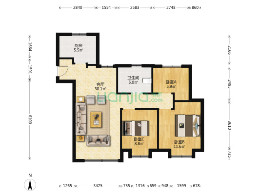 海玥名邸 3室1厅1卫 98平方