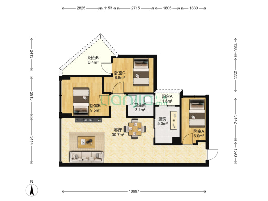 旭日华府 3室1厅1卫 77平方