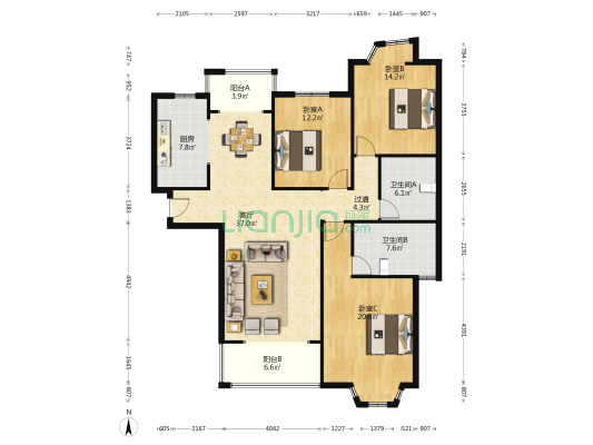 世纪花园 3室1厅2卫 163平方
