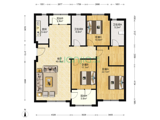 连海金源 3室1厅2卫 139平方
