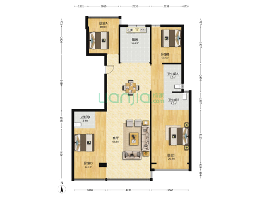 国鸿中心 4室1厅3卫 168平方