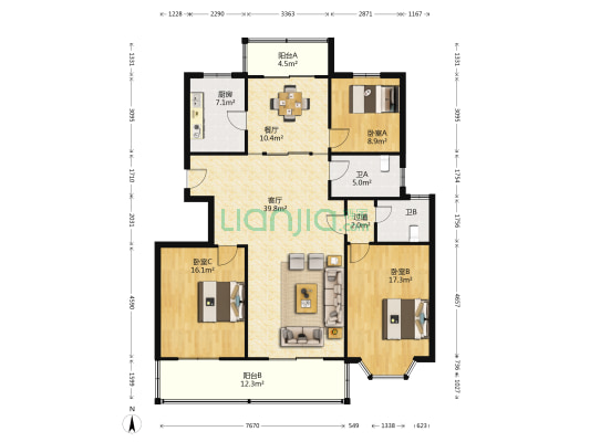 鸿基花园 3室2厅2卫 155平方