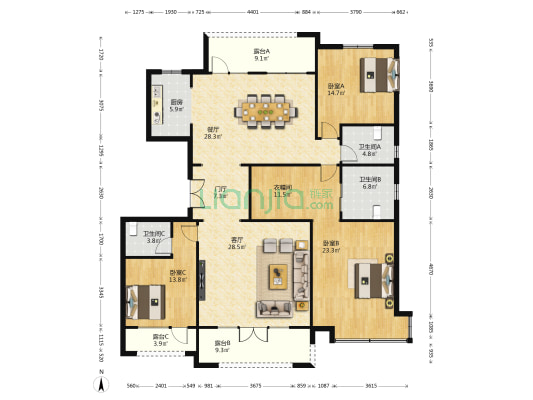 荣盛华府A区 3室2厅3卫 198平方