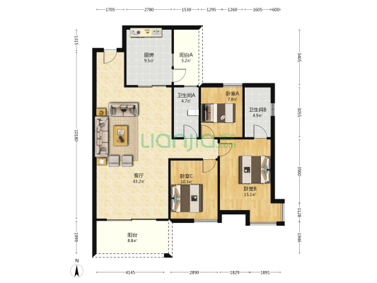 友田茗轩 3室1厅2卫 125平方