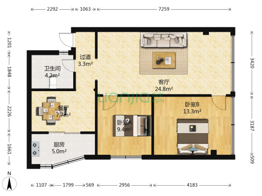 达丽温泉花园 2室2厅1卫 82平方