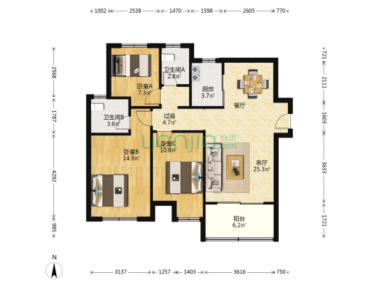 东润城裕园 3室1厅2卫 111平方