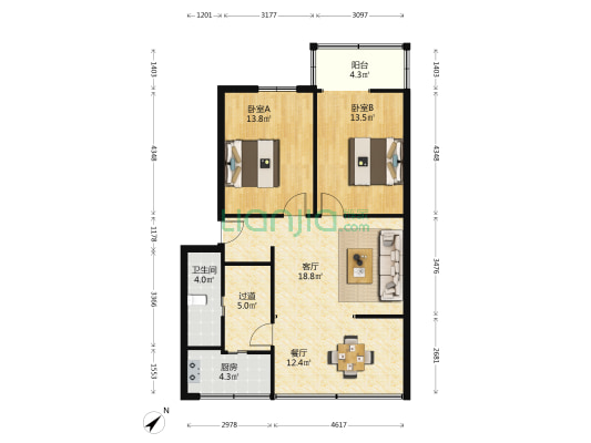 邮政小区 2室2厅1卫 90平方