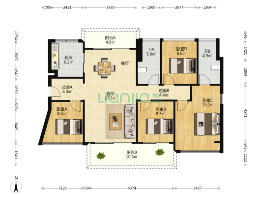 中山粤海城 4室1厅2卫 122平方