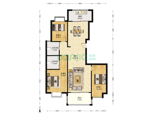 观景园 3室1厅2卫 137平方