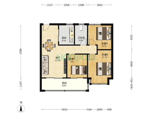 中国铁建·栖云府 3室1厅1卫 89平方