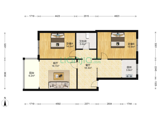 沙河庭院 2室2厅1卫 92平方