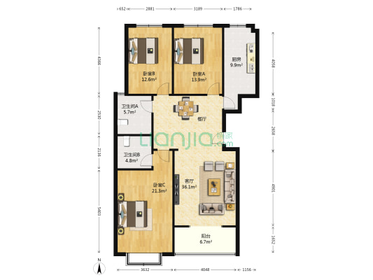 锦隆花园 3室1厅2卫 136平方