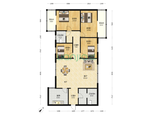 云南六建二处大厦 4室1厅2卫 140平方