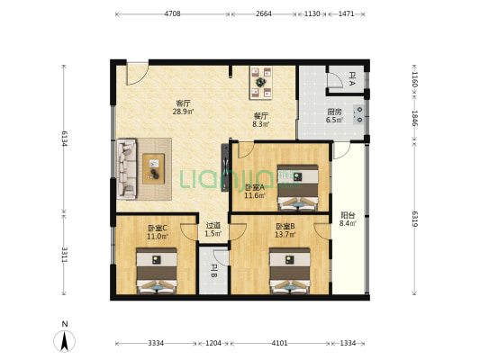 天茂百货电影公司宿舍 3室2厅2卫 110平方