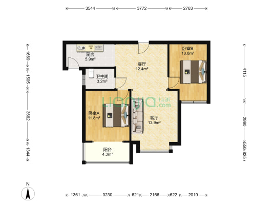 天伦湾馨园南向，好楼层，大两居室-户型图