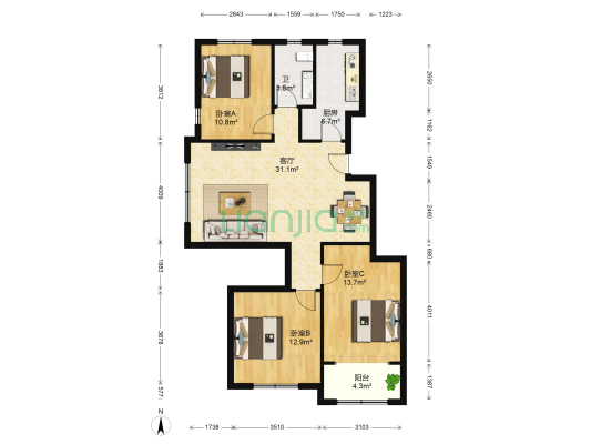 信达蓝庭福邸 3室1厅1卫 119平方