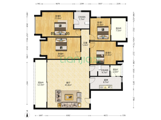 望江府云景里 4室1厅2卫 177平方