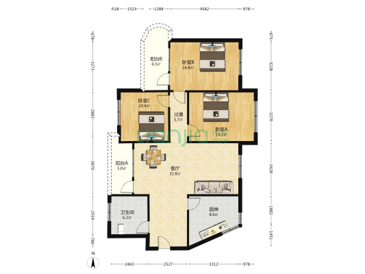 红山宿舍 3室1厅1卫 109平方