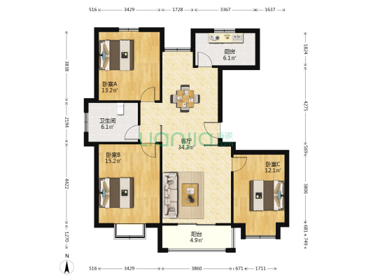 水岸名都云竹苑 3室1厅1卫 112平方
