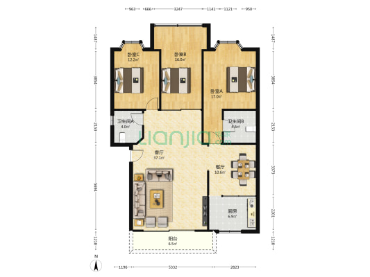 鑫德楼 3室2厅2卫 136平方