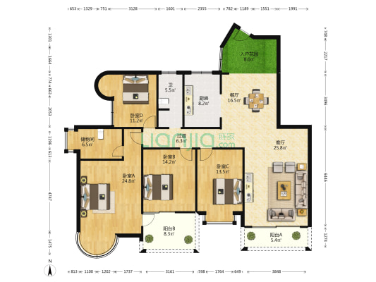 龍曦山莊 4室2厅1卫 171平方
