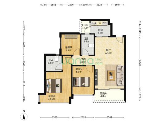 颐安·天璟名庭 3室1厅2卫 89平方