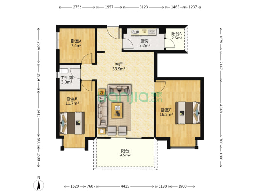 香木林新城 3室1厅1卫 115平方