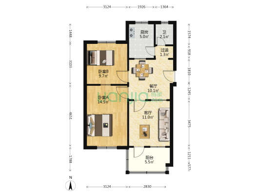苹北小区 2室2厅1卫 73平方