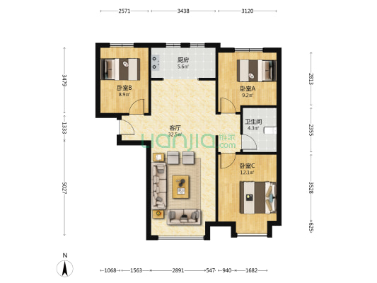 满二，简单装修，南北通透，中高楼层，采光充足-户型图