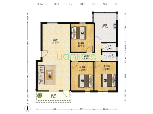 星光厂宿舍 3室1厅2卫 103平方