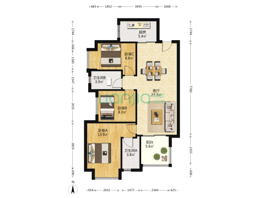 万科金域缇香 3室1厅2卫 97平方
