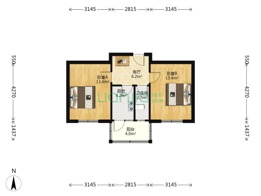 省外贸纺织公司宿舍 2室1厅1卫 53平方