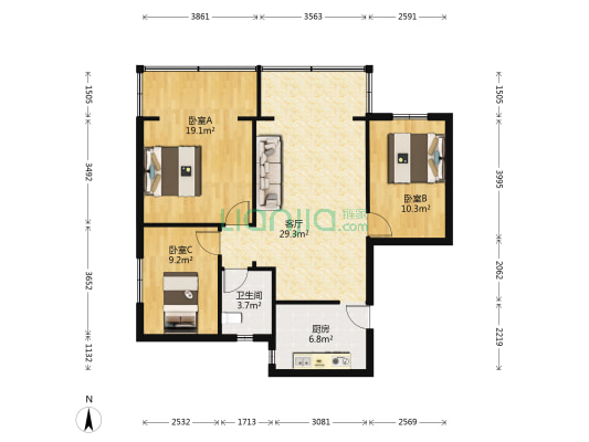 桥北村 3室1厅1卫 96平方