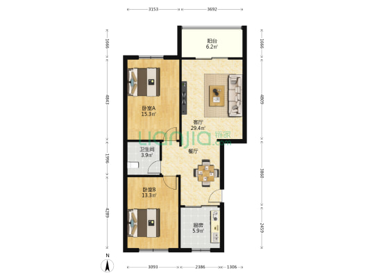 雅馨苑 2室1厅1卫 104平方