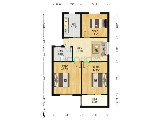 兴贤街 3室1厅1卫 80平方