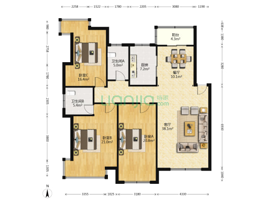 东方家园 3室2厅2卫 143平方