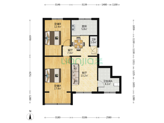 七里河区交警大队家属院 2室2厅2卫 72平方