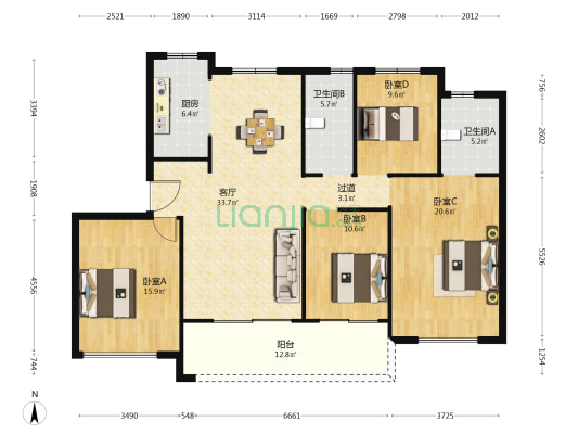 置地百悦府B区 4室1厅2卫 144平方