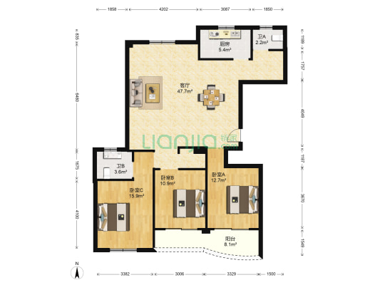 华大家园 3室1厅2卫 138平方