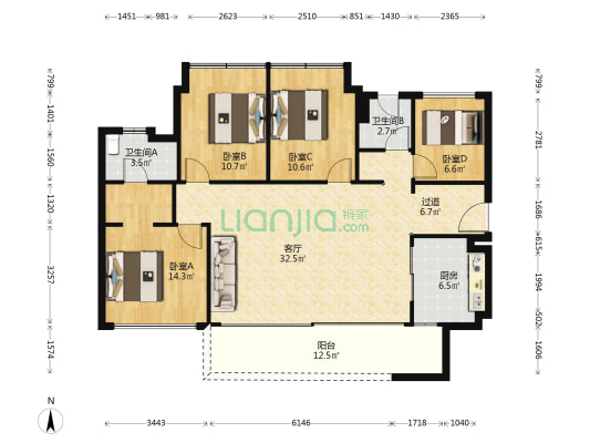 招商时代公园天樾境A区 4室1厅2卫 137平方
